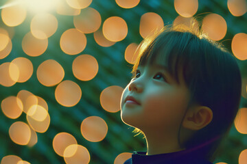 Poster - n artistic close-up portrait of a young woman with glasses, her face illuminated by soft blue and pink lighting.