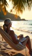 © Darya - Woman Relaxes in Hammock on a Tropical Beach: Enjoying Sunshine and Ocean Views. Vacation, Travel, Peace Concept. Tropical Relaxation, Beach Bliss, vertical shot