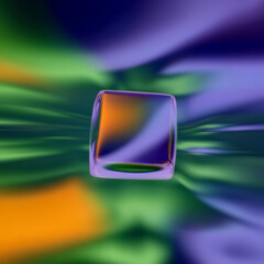 Poster - Floating Green Glass Cube with Vibrant Abstract Background