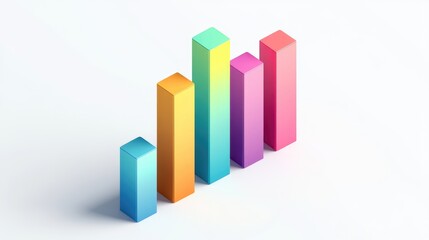 Fototapete - A colorful 3D bar graph with staggered heights, each bar casting shadows on a clean white background, symbolizing statistical analysis
