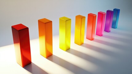 Fototapete - A colorful 3D bar graph with staggered heights, each bar casting shadows on a clean white background, symbolizing statistical analysis