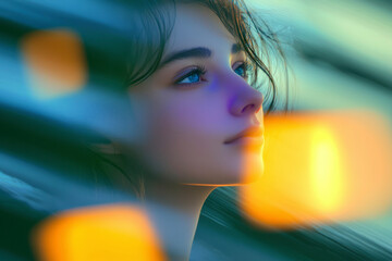Poster - An artistic and surreal portrait of a woman with a soft expression, bathed in gentle lighting.