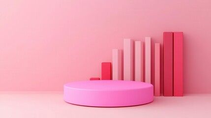 Poster - A minimalist scene featuring pink geometric shapes and bar graphs on a soft pink background, symbolizing growth and data visualization.