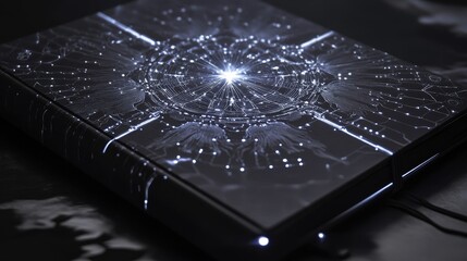 Poster - envision a futuristic notebook adorned with a complex mandala design, each line embedded with softly