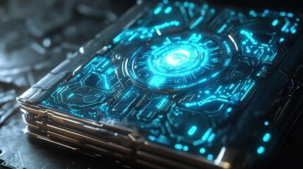 Poster - Envision a futuristic notebook with a complex mandala design, its intricate patterns illuminated by digital circuits.