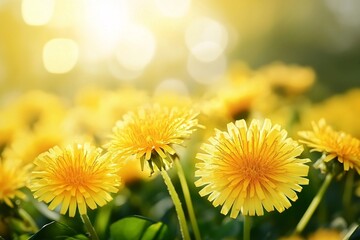 Canvas Print - Beautiful flowers of yellow dandelions in nature in warm summer or spring on meadow in sunlight, macro. Dreamy artistic image of beauty of nature.