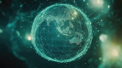 Poster - A futuristic 3D wireframe globe with connecting lines and dots, symbolizing global data exchange, in soft blue and green hues
