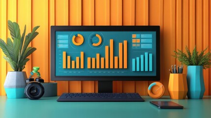Poster - a modern workspace featuring a computer screen with vibrant charts and graphs, surrounded by colorfu