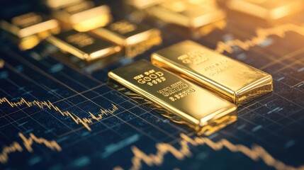 Poster - A graph with gold lines and bars on a dark background, peaks highlighting value surges, capturing a visual of gold dynamic market behavior