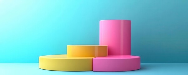 Poster - A vibrant arrangement of geometric shapes in yellow and pink, set against a soft blue background, creating a modern and playful aesthetic.
