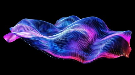 Poster - A holographic, abstract wave pattern in bright shades of blue and pink, floating against a black background, emphasizing movement and fluidity