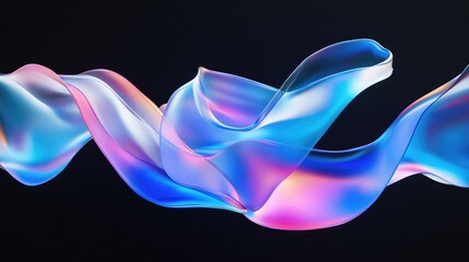 Poster - A holographic, abstract wave pattern in bright shades of blue and pink, floating against a black background, emphasizing movement and fluidity