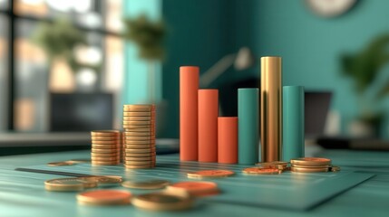 Poster - A vibrant office scene featuring colorful bar graphs and stacks of coins, symbolizing financial growth and investment.