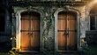 © demzp - Mystical wooden doors surrounded by vines in an ancient stone building at dusk