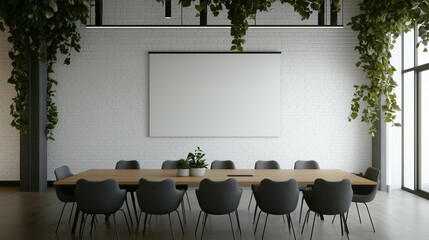 Poster - an empty, contemporary conference room features a long, light wood table with ten dark gray chairs a