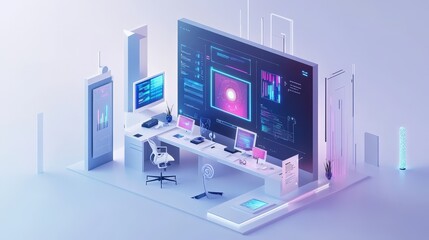 Poster - Imagine a high-tech marketing office where AI is used to analyze data and generate insights. The digital assistant displays data reports,