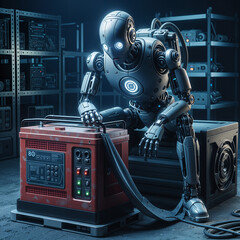 Poster - robot sits and charges dead battery, low energy level. Generative AI