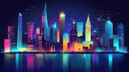 Poster - A modern city skyline at night, with vibrant neon lights from skyscrapers reflecting on glass surfaces, creating a colorful urban glow