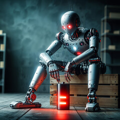 Poster - robot sits and charges dead battery, low energy level. Generative AI
