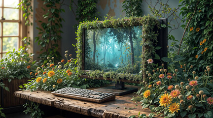 Poster - old monitor overgrown with grass and flowers on the table. Generative AI