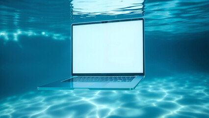 Poster - Underwater blank laptop, mockup. Generative AI