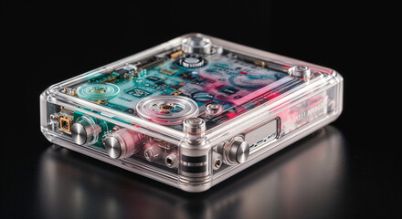 Poster - media player with transparent case. Generative AI