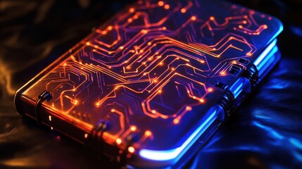 Aufkleber - Imagine a stylish notebook with a futuristic mandala design on the cover, glowing circuits tracing through each pattern.