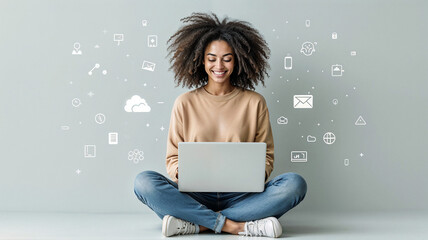Poster - young woman with laptop, social icons. Generative AI