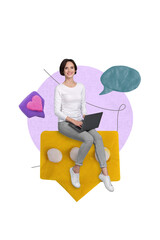 Poster - Vertical collage picture of positive mini girl use netbook receive huge message notification icon like dialogue