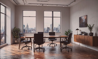 Poster - Conference room with a large table and several chairs. A potted plant is on the table