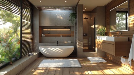 Wall Mural - Modern bathroom with large tub and natural light in contemporary home interior