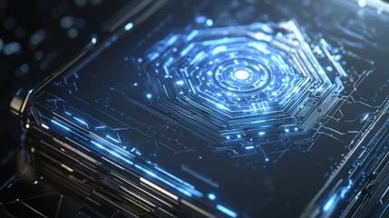 Fototapete - Picture a high-tech notebook with a detailed mandala design on the cover, illuminated by circuits that pulse with light