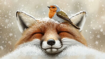 Picture a red fox with closed eyes, a peaceful smile on its face, as a robin bird perches comfortably on its head