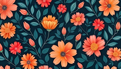 Poster - Floral pattern design illustration. Orange, peach flowers with teal leaves. Elegant design suitable for wallpaper fabric. Abstract floral design. Beautiful, decorative pattern with various flowers,