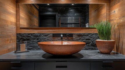 Wall Mural - Elegant bathroom design featuring a copper sink and natural stone accents in a modern setting