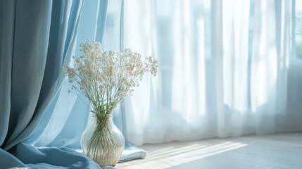 Poster - Soft, powder blue curtains hang elegantly, their clean, simple lines enhancing the calmness and simplicity of a modern room