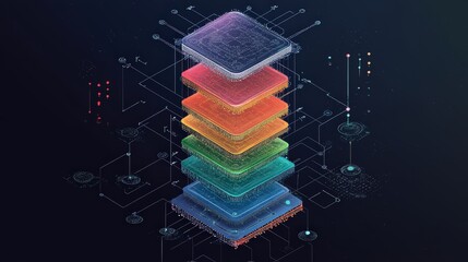Aufkleber - The evolution of AI learning depicted by layers of code and data nodes, each layer increasing its ability to understand and predict