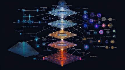 Aufkleber - The evolution of AI learning depicted by layers of code and data nodes, each layer increasing its ability to understand and predict