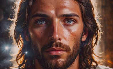 Aufkleber - Man with a beard and long hair. He has blue eyes. He is wearing a white shirt
