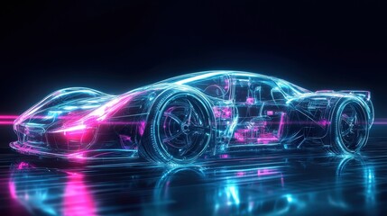 Fototapete - Visualize a future car built with avatar-style aesthetics: sleek and smooth, with transparent panels and holographic features.