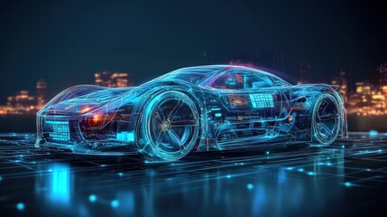 Fototapete - Visualize a future car built with avatar-style aesthetics: sleek and smooth, with transparent panels and holographic features.