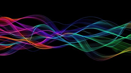 Poster - Abstract wavy lines in neon colors on a dark background, each line flowing in parallel to create a rhythmic, futuristic design