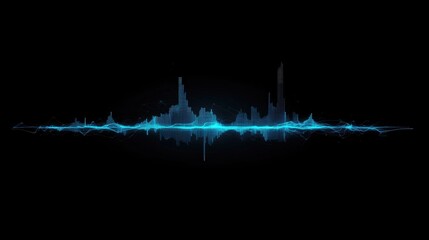Poster - An abstract financial line graph with sharp peaks and dips, glowing in neon blue on a black background, representing stock market data
