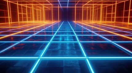 Poster - An abstract grid of glowing neon lines on a dark background, with interconnected points forming a futuristic, high-tech pattern