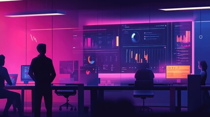 Poster - Visualize a tech-savvy office where an AI assistant is helping a team create new marketing strategies.