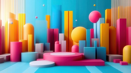 Poster - A vibrant arrangement of geometric shapes in bright colors against a blue background, creating a playful, modern aesthetic.
