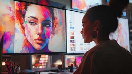 Poster - Visualize an AI-powered artist studio where an AI assistant helps create digital artwork.