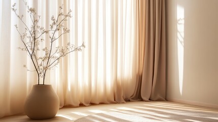 Wall Mural - Warm beige curtains in a simple, flowing fabric, blending perfectly with natural tones, casting a soft light into the room and creating a cozy feel