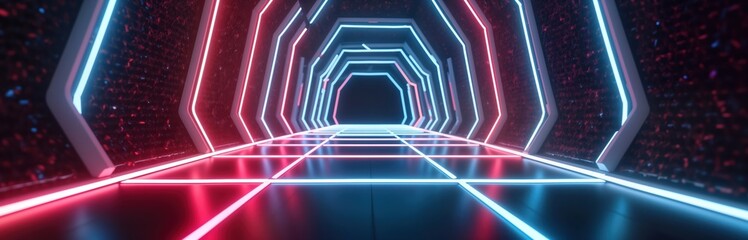 Aufkleber - Futuristic neon light tunnel with geometric patterns. Glowing lines create vibrant colors. Modern tech design. Abstract perspective, sleek style. Endless corridor. Shimmering effect. Geometric