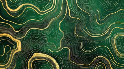 Poster - An intricate pattern of fluid lines and shapes in shades of green and gold, forming an elegant abstract design that adds sophistication and style to any visual project